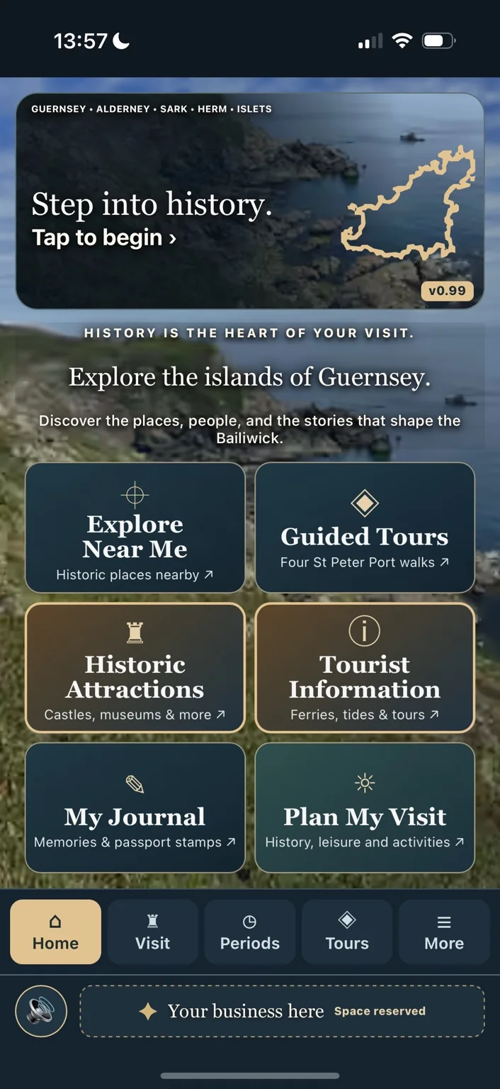 Guernsey Tours in Time app home screen showing six features: Explore Near Me, Guided Tours, Historic Attractions, Tourist Information, My Journal and Plan My Visit.